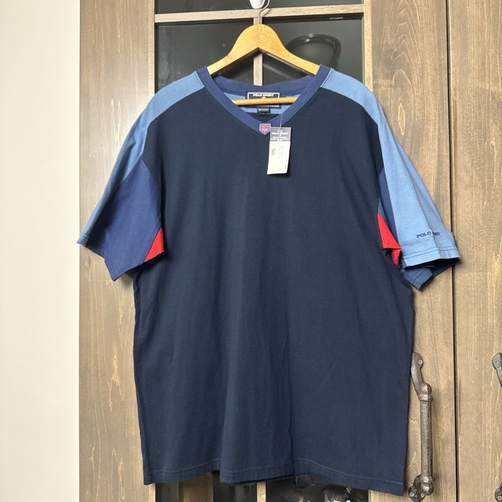 Vintage Polo Sport Ralph Lauren Cotton T-Shirt Logo Blue Red Mens L v-neck 90s